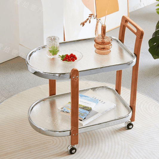 2-Tier Tempered Glass Rolling Cart with Wood Handle and Wheels